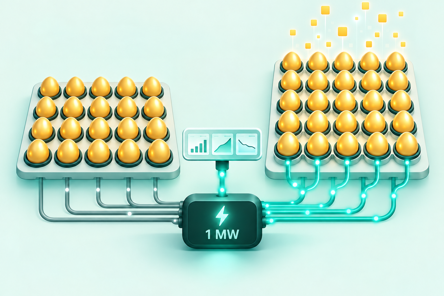 Two golden-egg GPU hatcheries share a fixed 1 MW power budget. TokenMax uses serving signals to redistribute available power and activate more capacity.